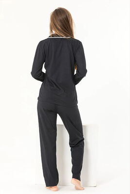 Özkan Underwear - Ercan P-200-620 Kadın Pamuklu Biyeli Lacivert Önü Düğmeli Uzun Kollu Pijama Takımı (1)